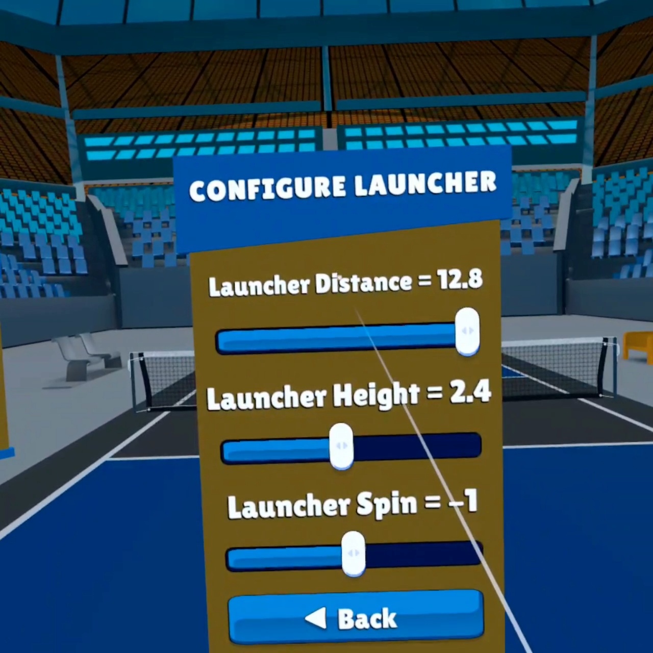Configure Launcher Menu displaying Launcher Distance, Launcher Height, and Launcher Spin values.